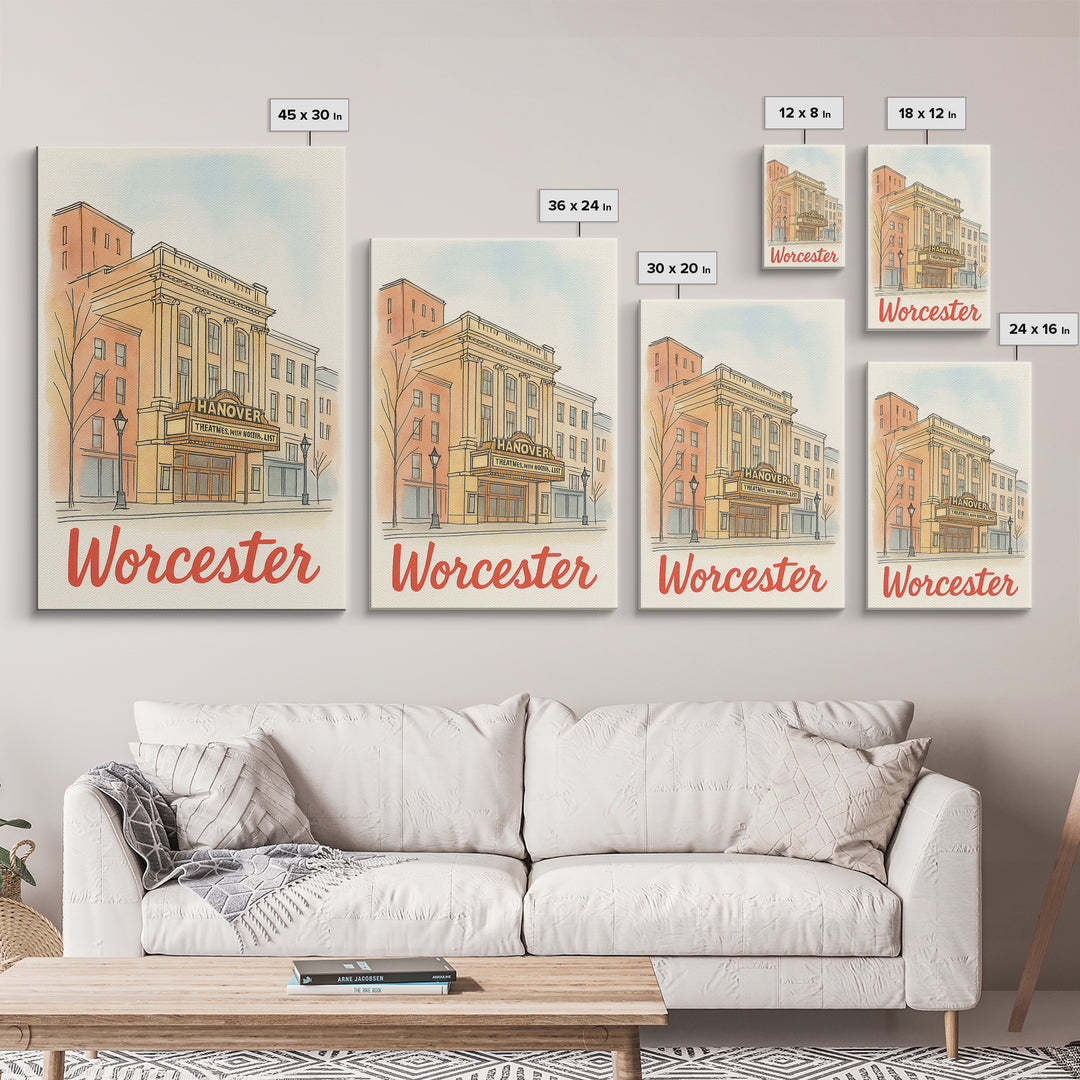 Worcester Massachusetts Travel Poster, Canvas Print, Illustrated City Wall Art, Worcester Art Print, Travel Art, Mid Century Wall Art