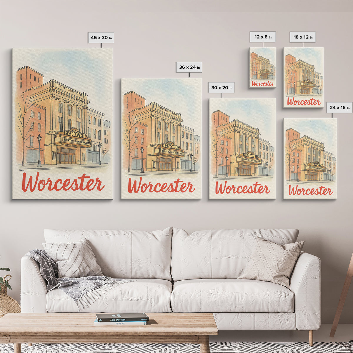 Worcester Massachusetts Travel Poster, Canvas Print, Illustrated City Wall Art, Worcester Art Print, Travel Art, Mid Century Wall Art