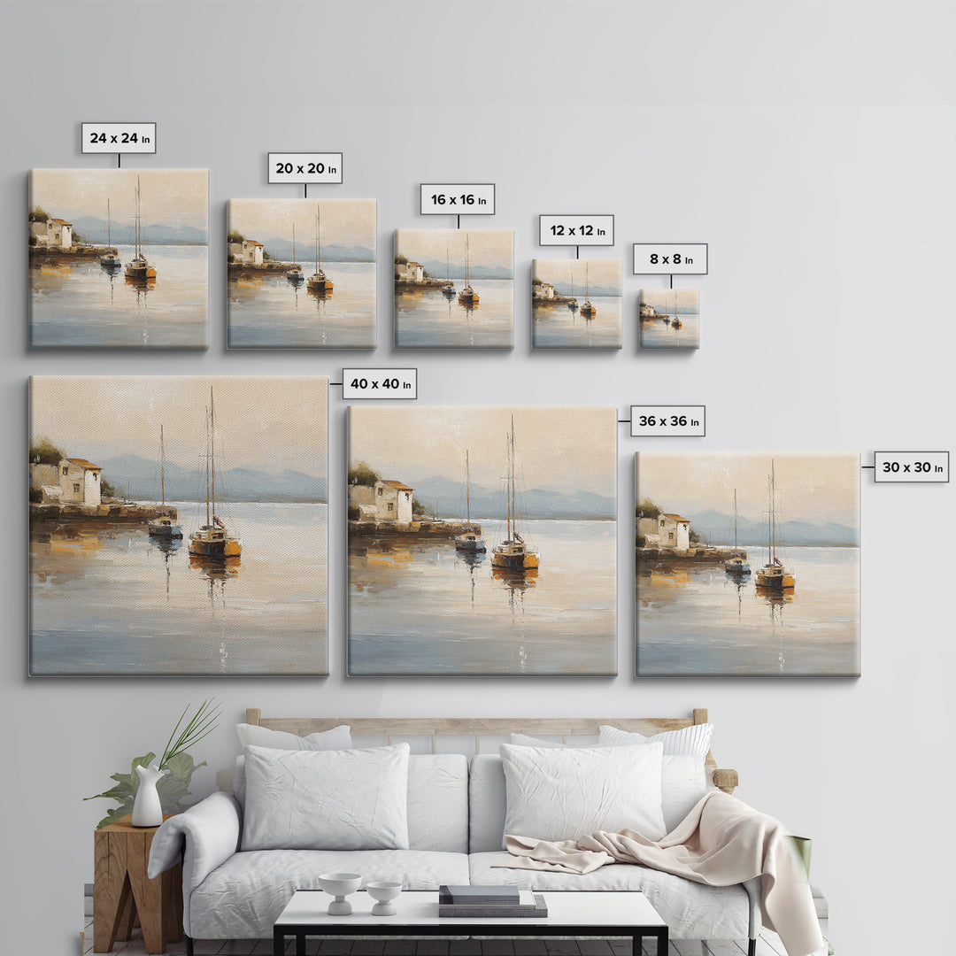 Quiet Harbor with Sailboats at Dawn Canvas Print, Hotel Art, Coastal Wall Art, Hotel Decor, Oil Painting, Boutique, HOT-1x1-22
