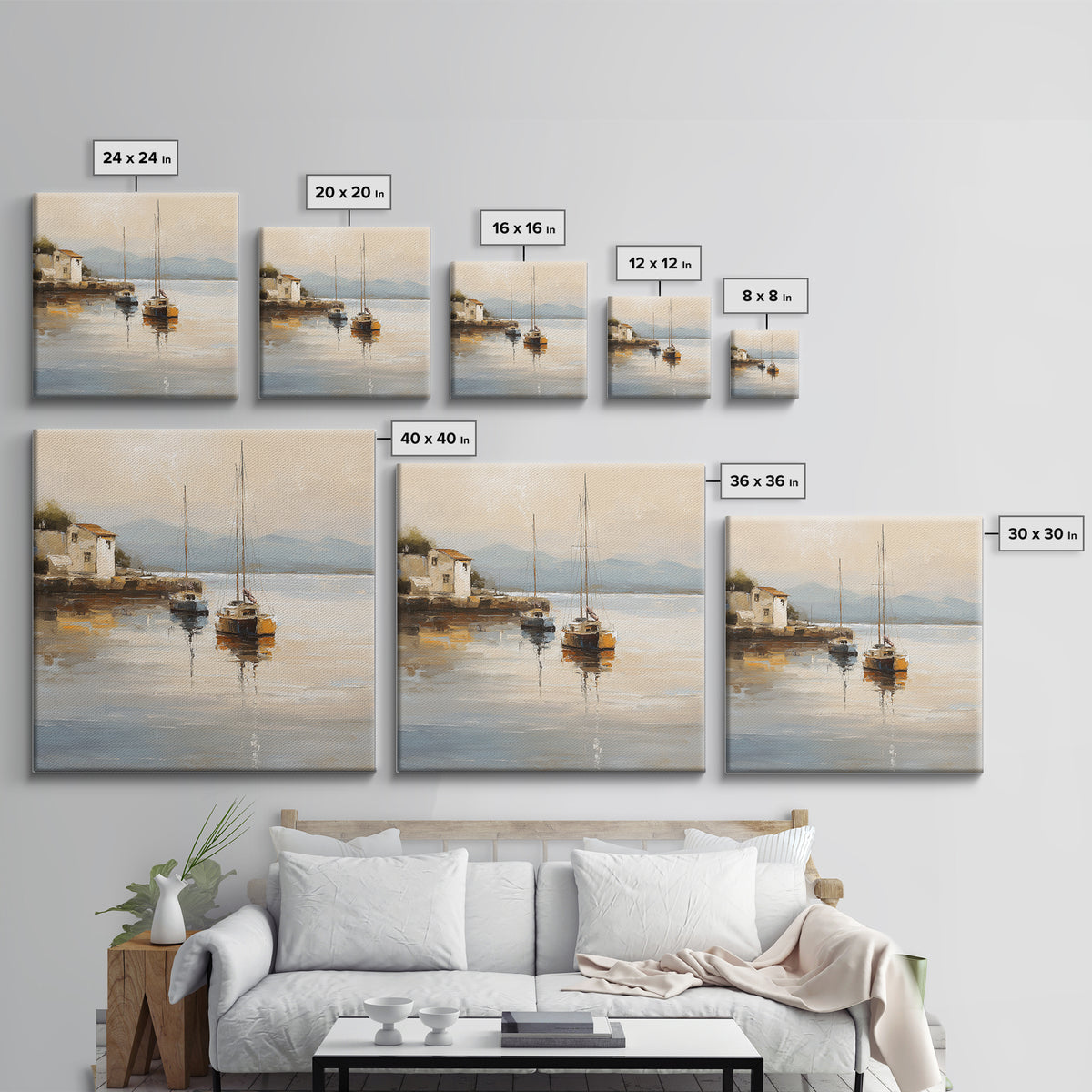 Quiet Harbor with Sailboats at Dawn Canvas Print, Hotel Art, Coastal Wall Art, Hotel Decor, Oil Painting, Boutique, HOT-1x1-22