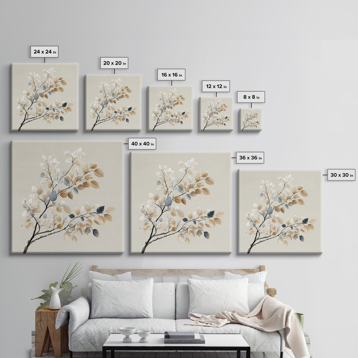 Elegant Botanical Branch on Ivory Ground Framed Canvas Print, Hotel Art, Textured Painting, Hotel Decor, Fine Art, Boutique, HOT-1x1-29