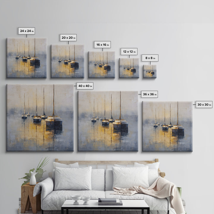 Quiet Harbor with Sailboats at Dawn Framed Canvas Print, Hotel Art, Gallery Wall Set, Hotel Decor, Fine Art, Boutique, HOT-1x1-46