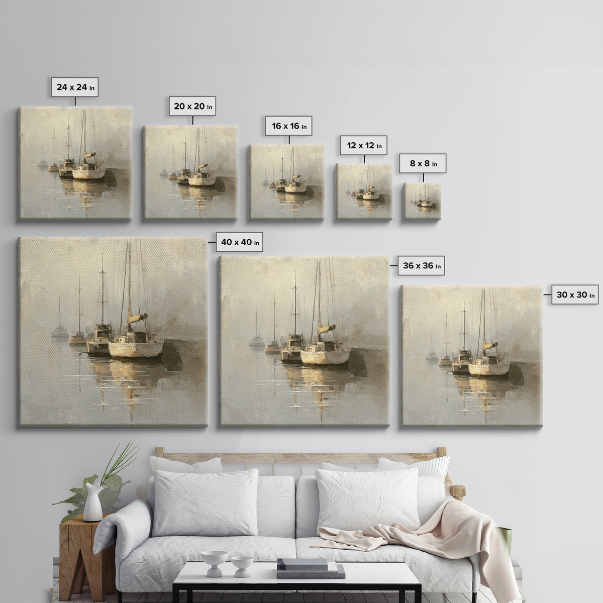 Quiet Harbor with Sailboats at Dawn Framed Canvas Print, Hotel Art, Gallery Wall Set, Hotel Decor, Fine Art, Boutique, HOT-1x1-70
