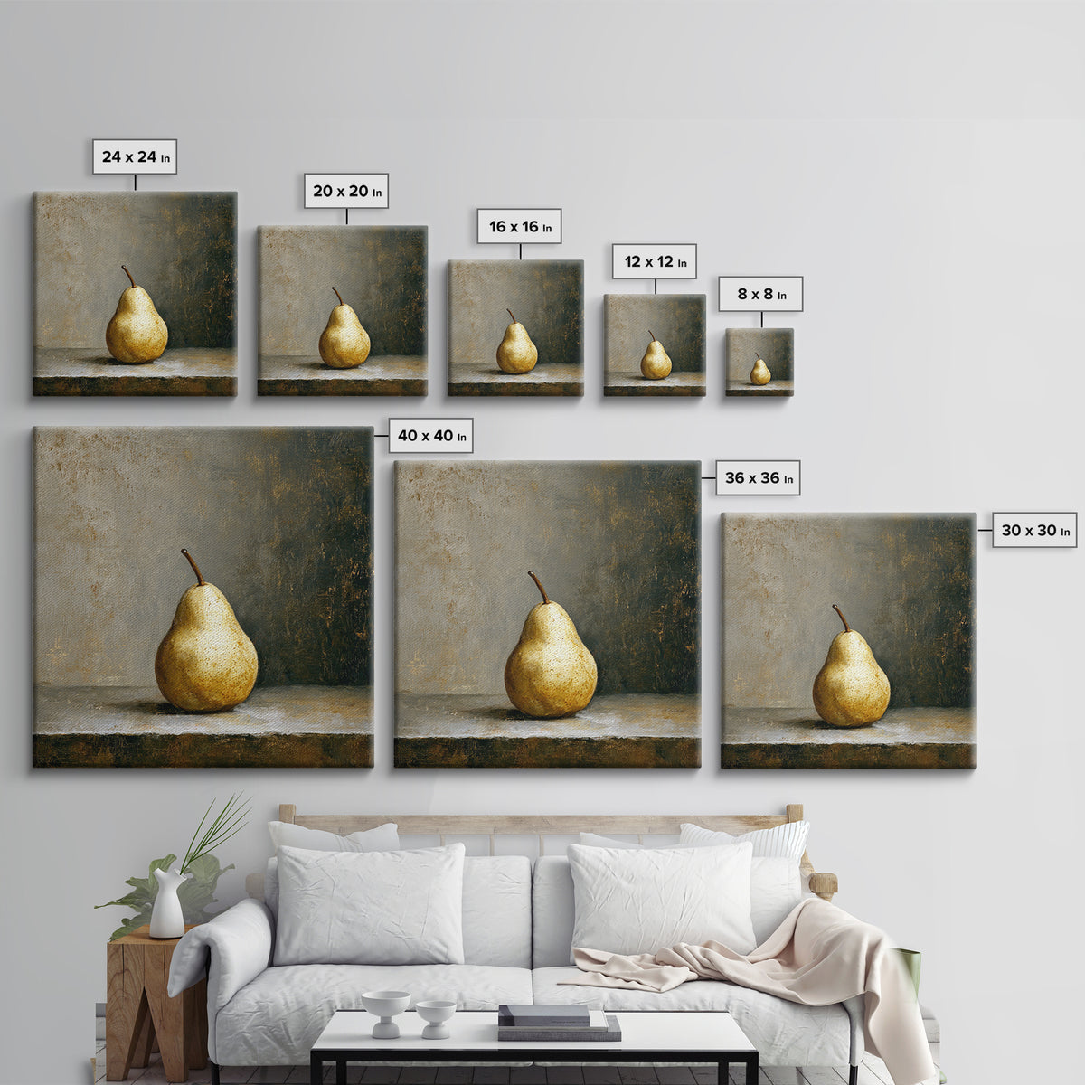 Elegant Pear Still Life on Linen Framed Canvas Print, Hotel Art, Wall Art, Hotel Decor, Abstract Art, Boutique, Framed Art, HOT-1x1-93