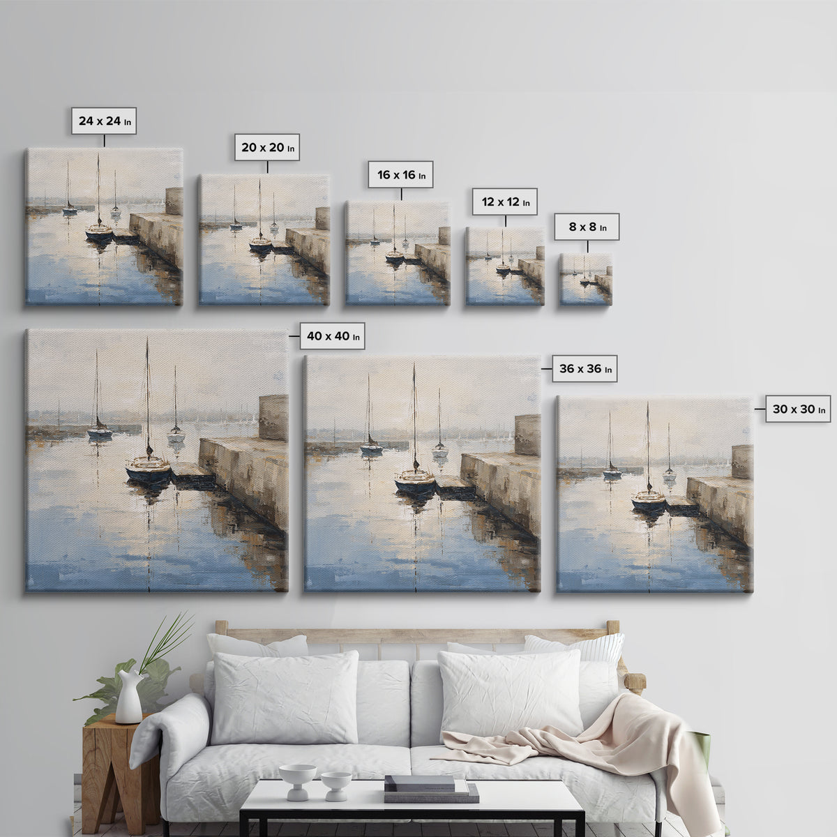Quiet Harbor with Sailboats at Dawn Canvas Print, Hotel Art, Modern Decor, Hotel Decor, Fine Art, Boutique, Poster, Wall Decor, HOT-1x1-94