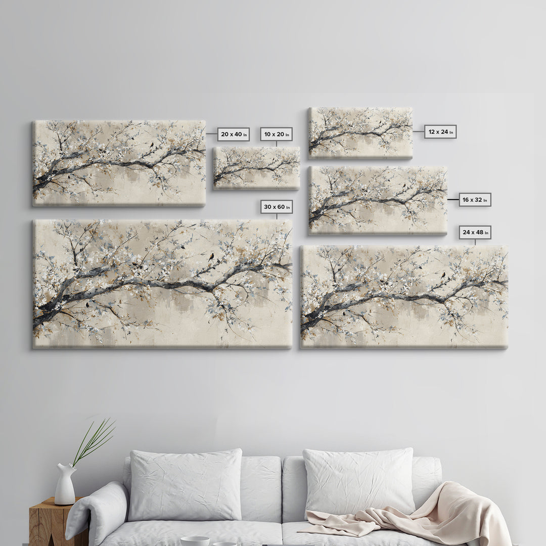 Elegant Botanical Branch on Ivory Ground Framed Canvas Print, Hotel Art, Art Print, Hotel Decor, Oil Painting, Boutique, HOT-2x1-1