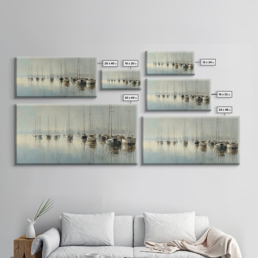 Quiet Harbor with Sailboats at Dawn Framed Canvas Print, Hotel Art, Room Decor, Hotel Decor, Fine Art, Boutique, Art Print, HOT-2x1-42