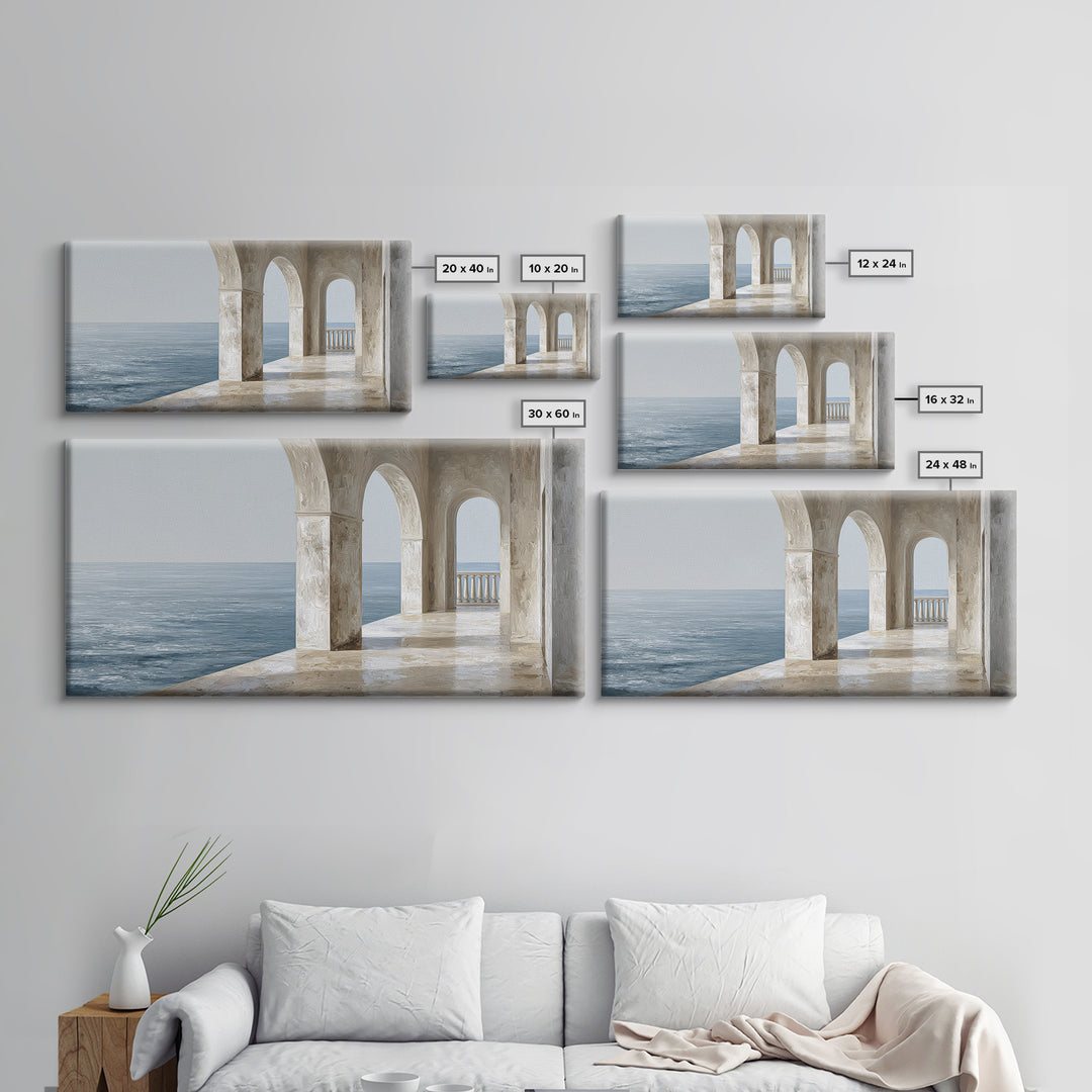 Mediterranean Terrace View Focused on Sea and Framed Canvas Print, Hotel Art, Painting, Hotel Decor, Fine Art, Boutique, HOT-2x1-7
