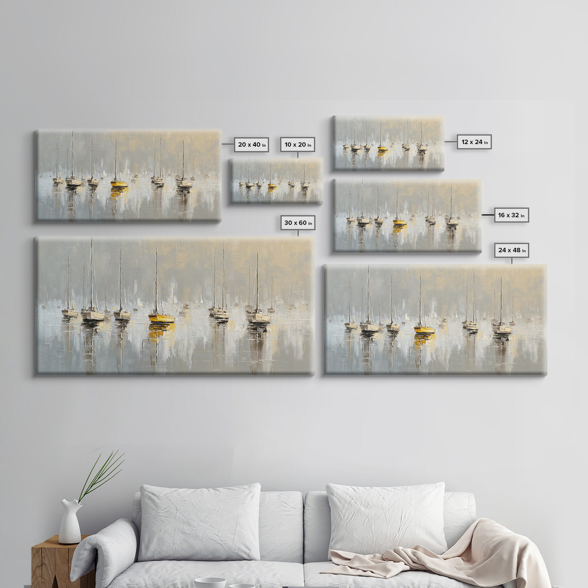 Quiet Harbor with Sailboats at Dawn Framed Canvas Print, Hotel Art, Hotel Decor, Oil Painting, Boutique, Modern Wall Art, HOT-2x1-90