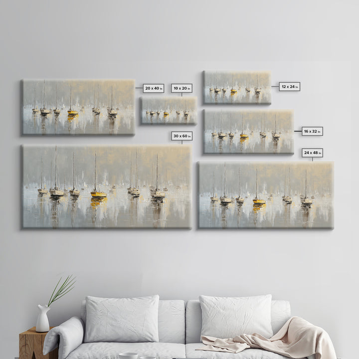 Quiet Harbor with Sailboats at Dawn Framed Canvas Print, Hotel Art, Hotel Decor, Oil Painting, Boutique, Modern Wall Art, HOT-2x1-90