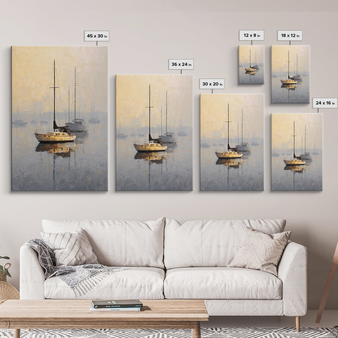 Quiet Harbor with Sailboats at Dawn Framed Canvas Print, Hotel Art, Mid Century Modern, Hotel Decor, Fine Art, Boutique, HOT-2x3-78