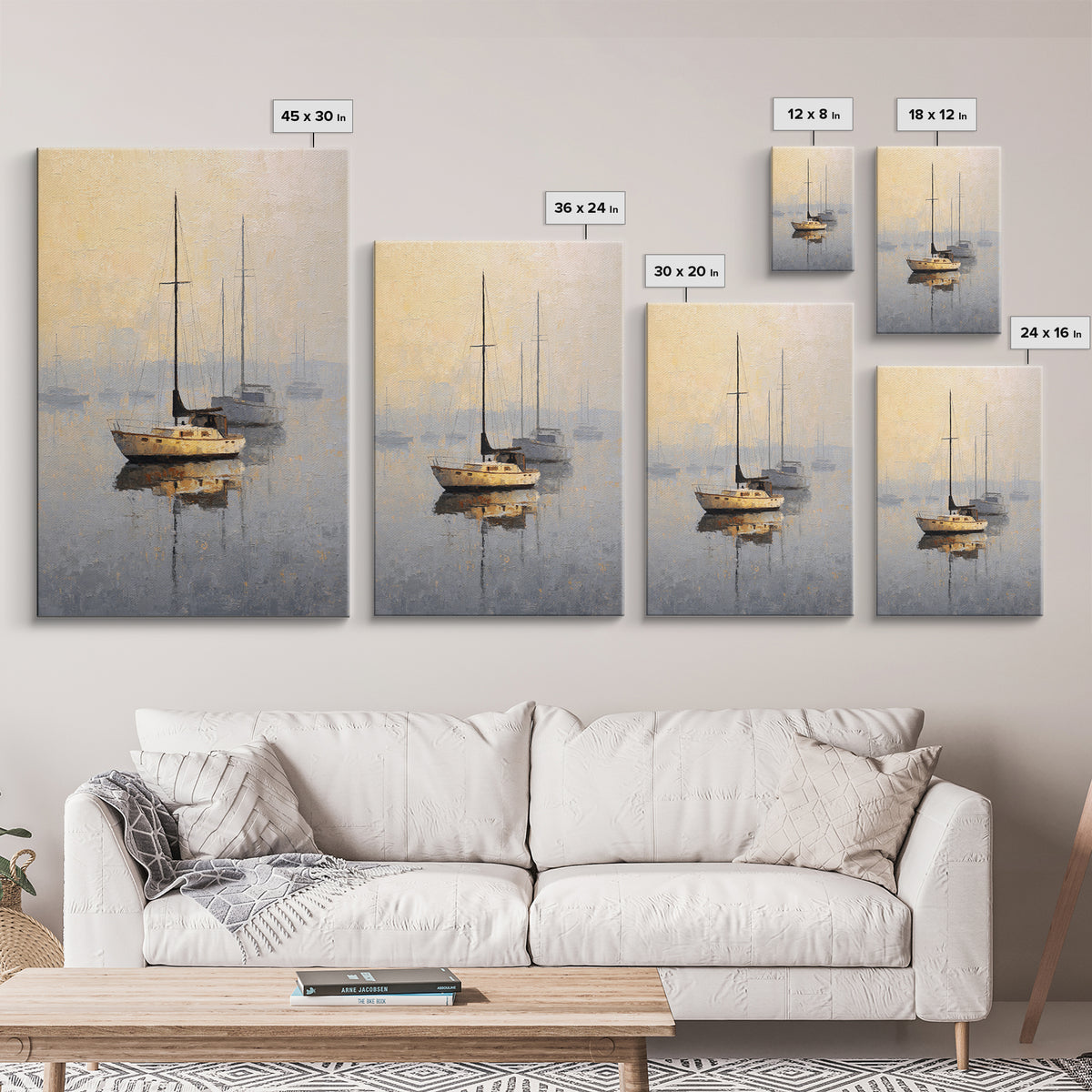 Quiet Harbor with Sailboats at Dawn Framed Canvas Print, Hotel Art, Mid Century Modern, Hotel Decor, Fine Art, Boutique, HOT-2x3-78