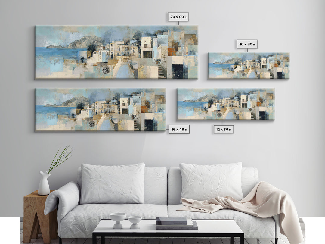 Mediterranean Terrace View Focused on Sea and Framed Canvas Print, Hotel Art, Textured Painting, Hotel Decor, Boutique, HOT-3x1-27