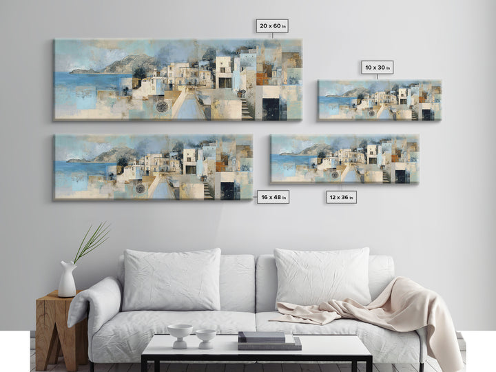 Mediterranean Terrace View Focused on Sea and Framed Canvas Print, Hotel Art, Textured Painting, Hotel Decor, Boutique, HOT-3x1-27
