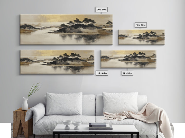Japanese Ink Landscape Canvas Print, Hotel Art, Art Deco, Hotel Decor, Boutique, Minimalist Wall Art, Gallery Wall Art, HOT-3x1-34