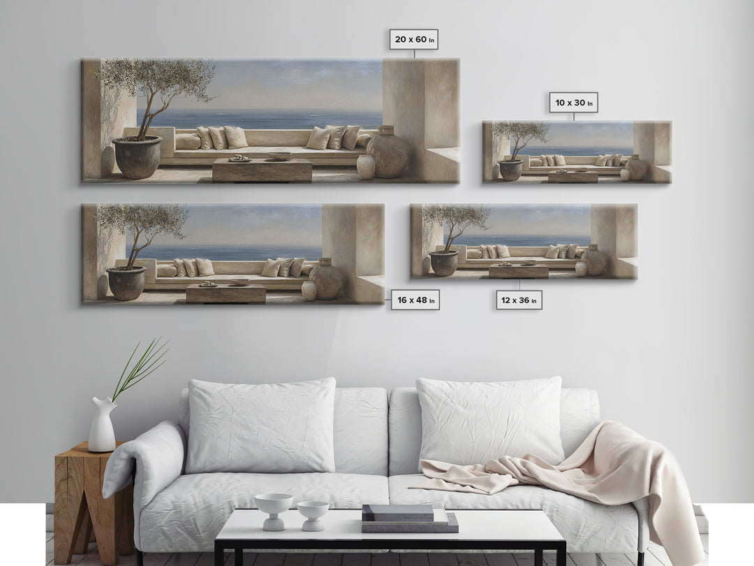 Mediterranean Terrace View Focused on Sea and Framed Canvas Print, Hotel Art, Art Print, Hotel Decor, Fine Art, Boutique, HOT-3x1-99