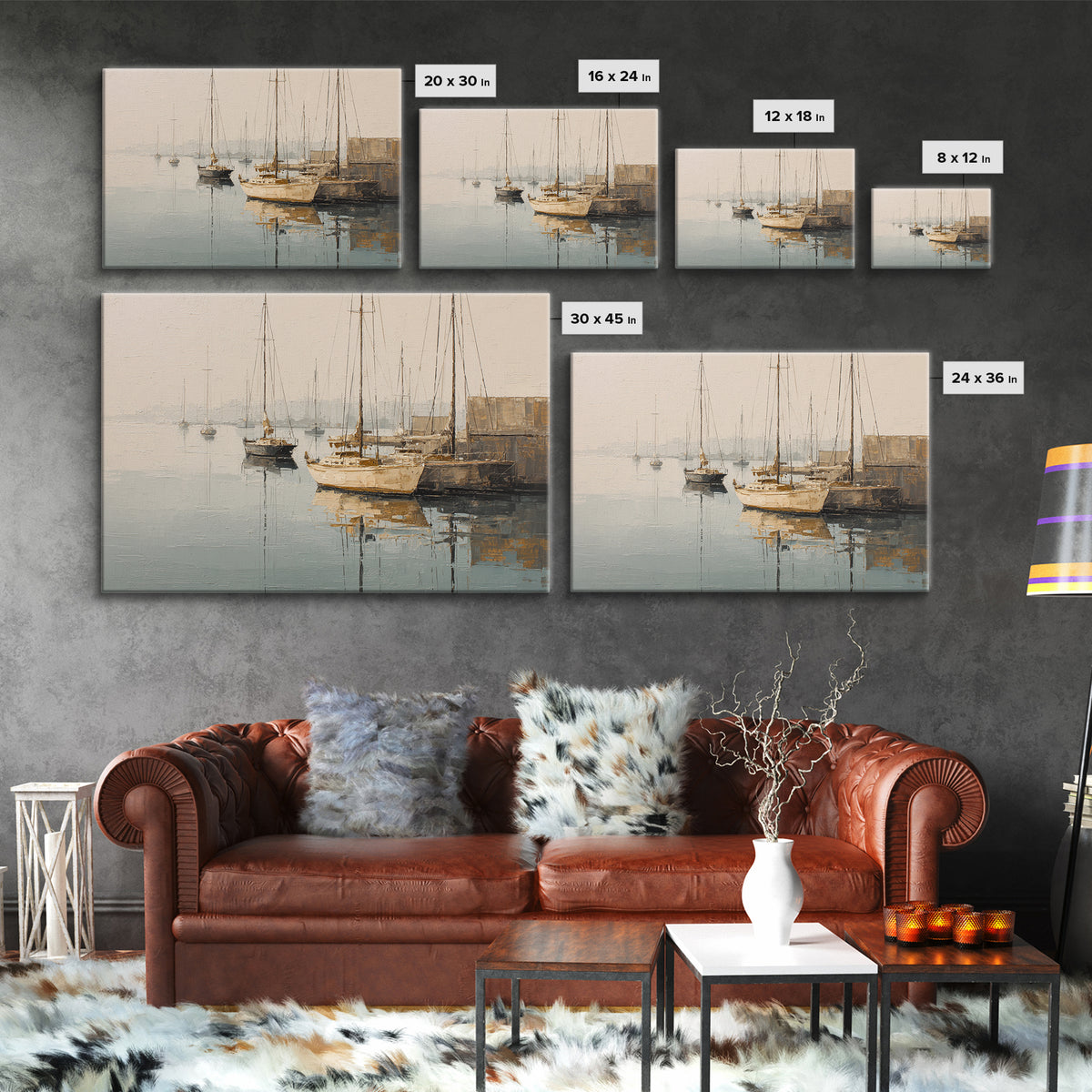 Quiet Harbor with Sailboats at Dawn Framed Canvas Print, Hotel Art, Mid Century Modern, Hotel Decor, Fine Art, Boutique, HOT-3x2-2