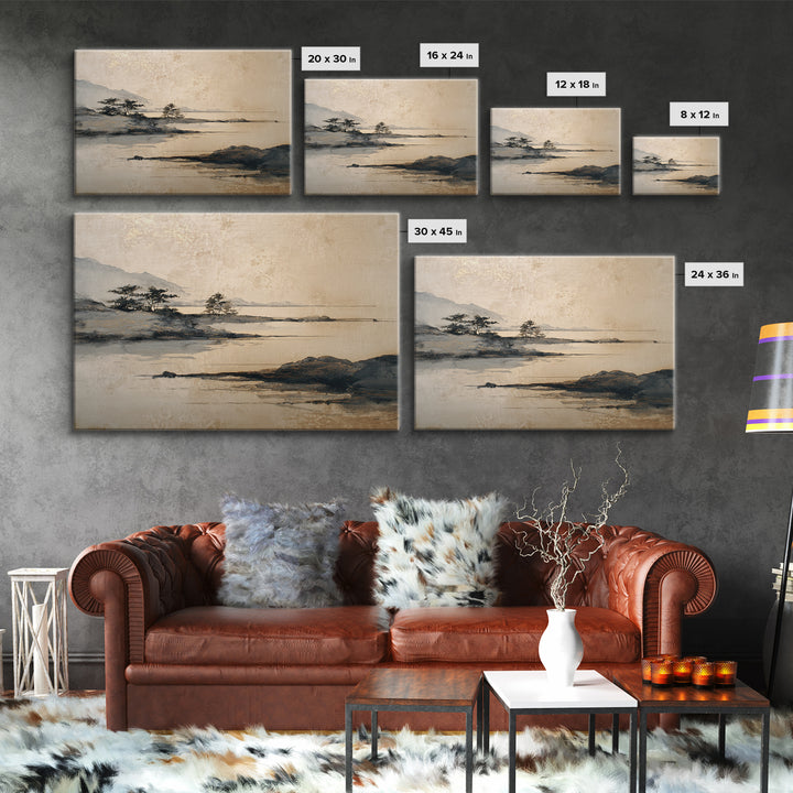 Japanese Ink Landscape Canvas Print, Hotel Art, Wood Wall Art, Hotel Decor, Fine Art, Boutique, Gallery Wall Set, Travel Poster, HOT-3x2-22