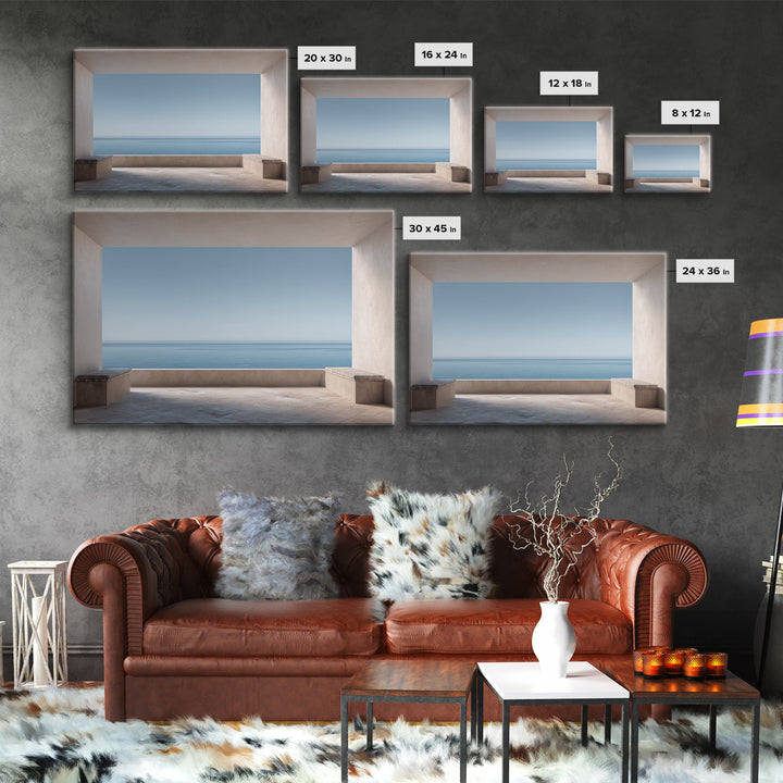 Mediterranean Terrace View Focused on Sea and Framed Canvas Print, Hotel Art, Contemporary Art, Hotel Decor, Fine Art, Boutique, HOT-3x2-39