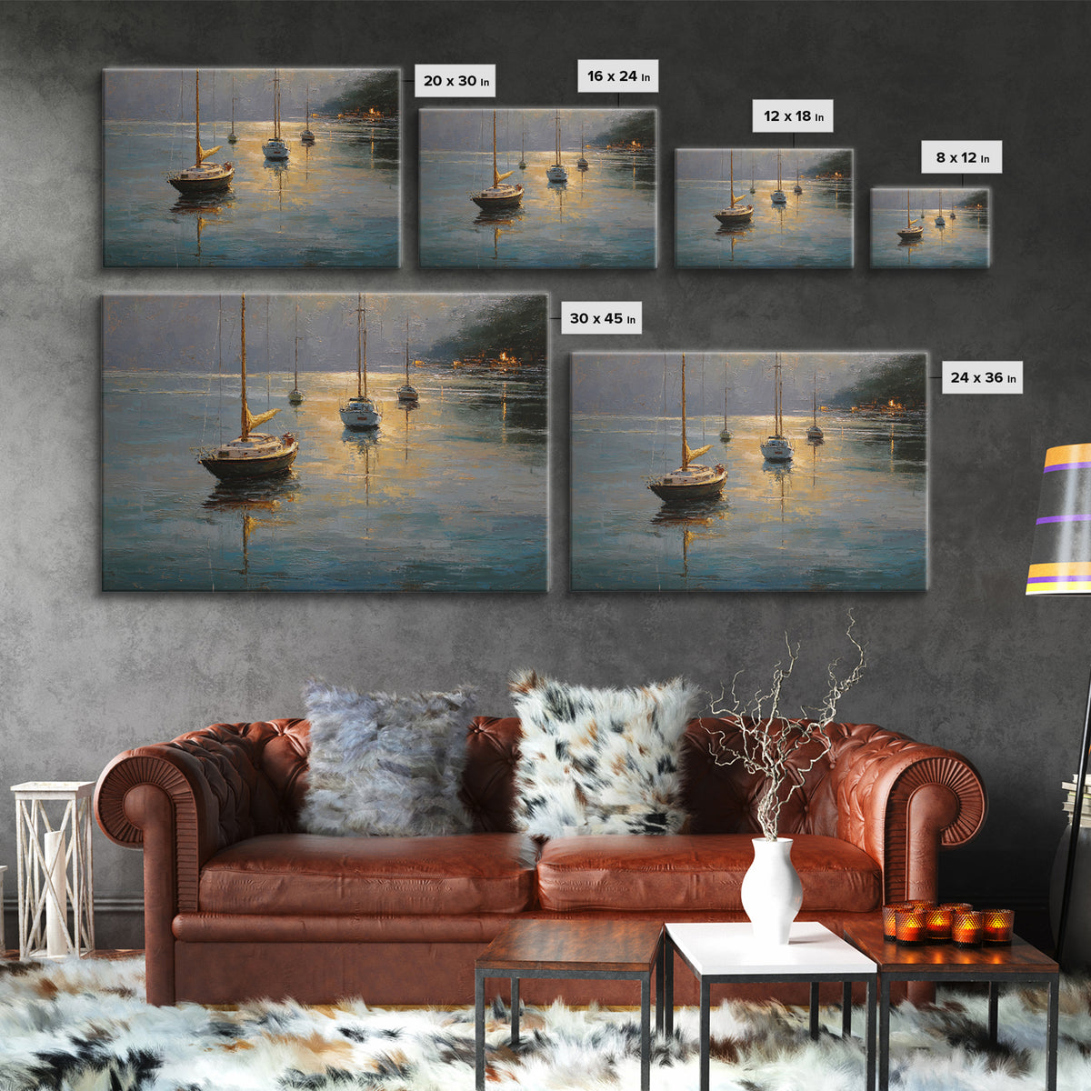 Quiet Harbor with Sailboats at Dawn Framed Canvas Print, Hotel Art, Coastal Wall Art, Hotel Decor, Oil Painting, Boutique, HOT-3x2-50