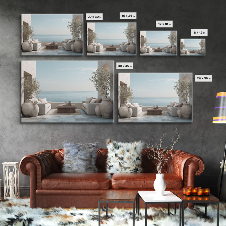 Mediterranean Terrace View Focused on Sea and Framed Canvas Print, Hotel Art, Poster, Hotel Decor, Fine Art, Boutique, HOT-3x2-87