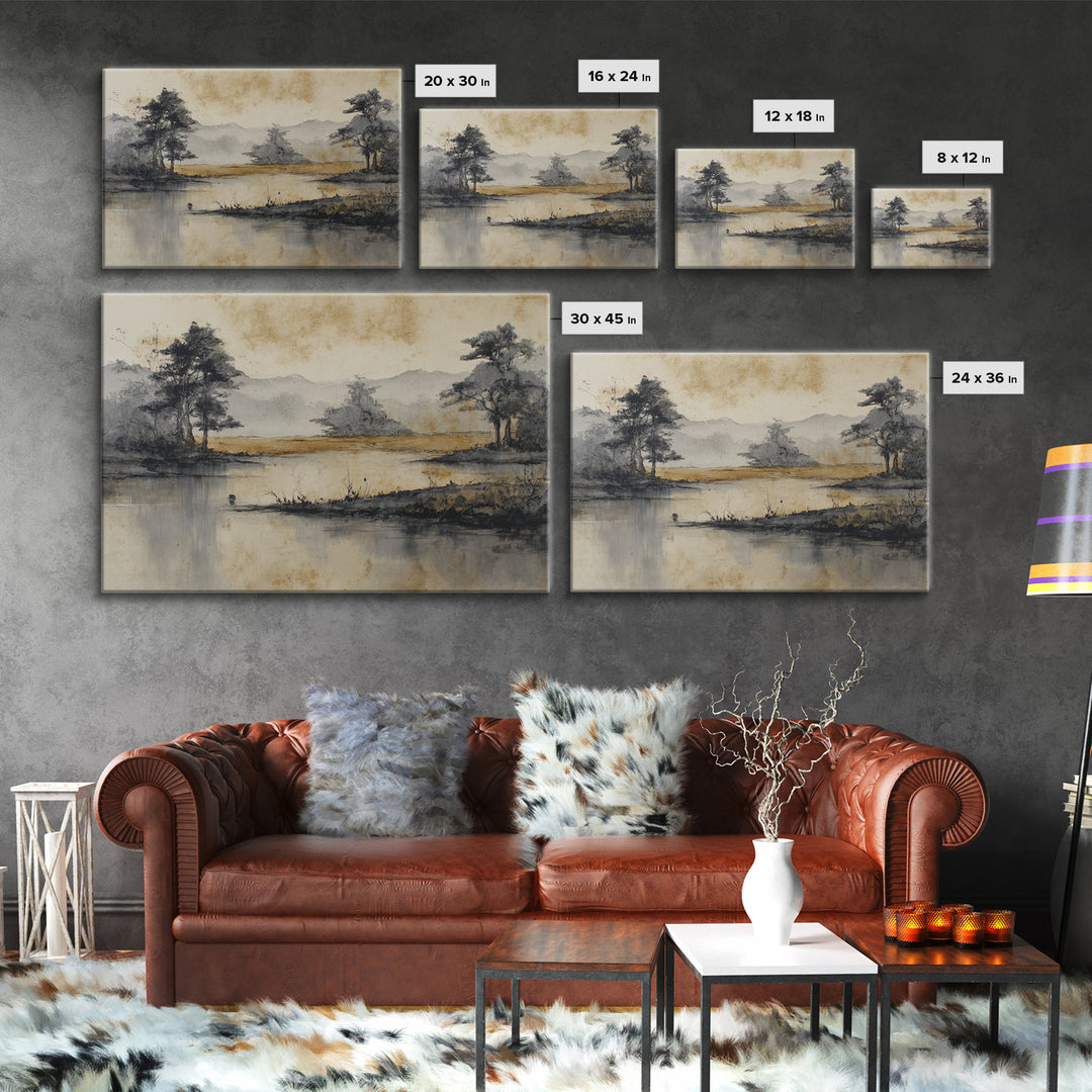 Japanese Ink Landscape Canvas Print, Hotel Art, Beach Prints, Hotel Decor, Fine Art, Boutique, Room Decor, Textured Painting, HOT-3x2-94