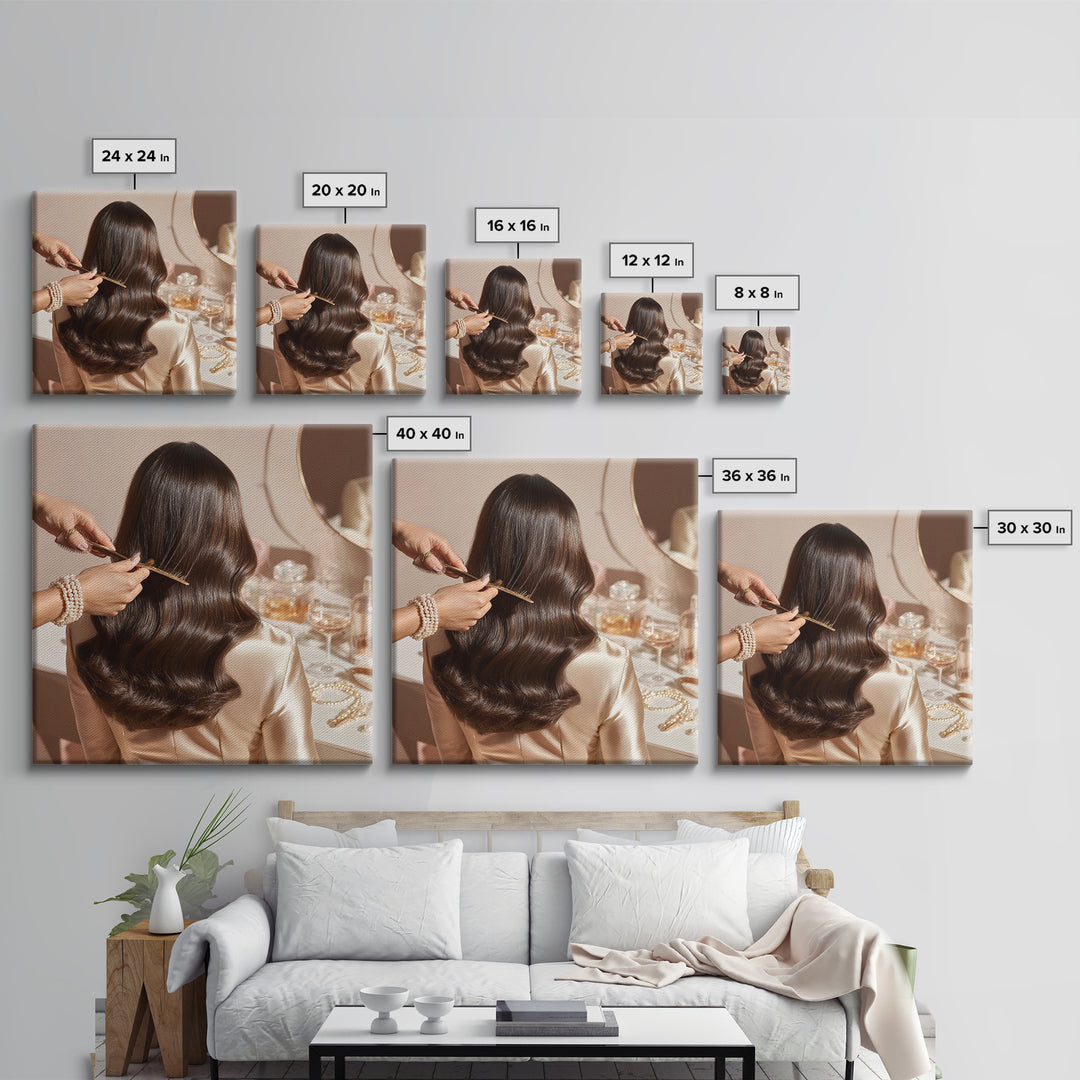 Elegant Hands Styling Hair Canvas Print, Hair Salon Art, Black Owned Art, Living Room Decor, Oil Painting, Style, HSA-1x1-22