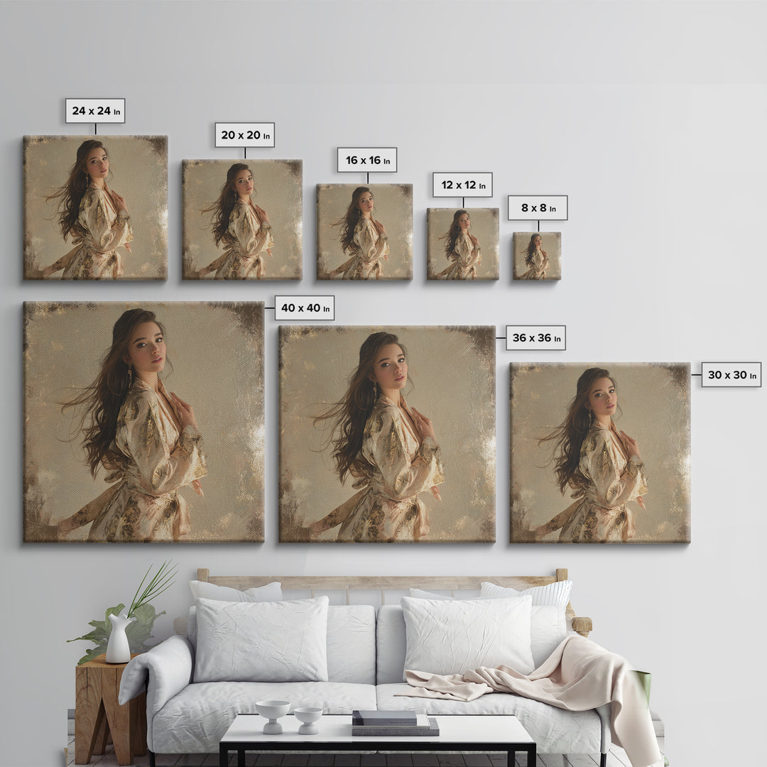 Fashion Portrait with Flowing Glossy Hair Canvas Print, Hair Salon Art, Neutral Decor, Living Room Decor, Oil Painting, Style, HSA-1x1-25