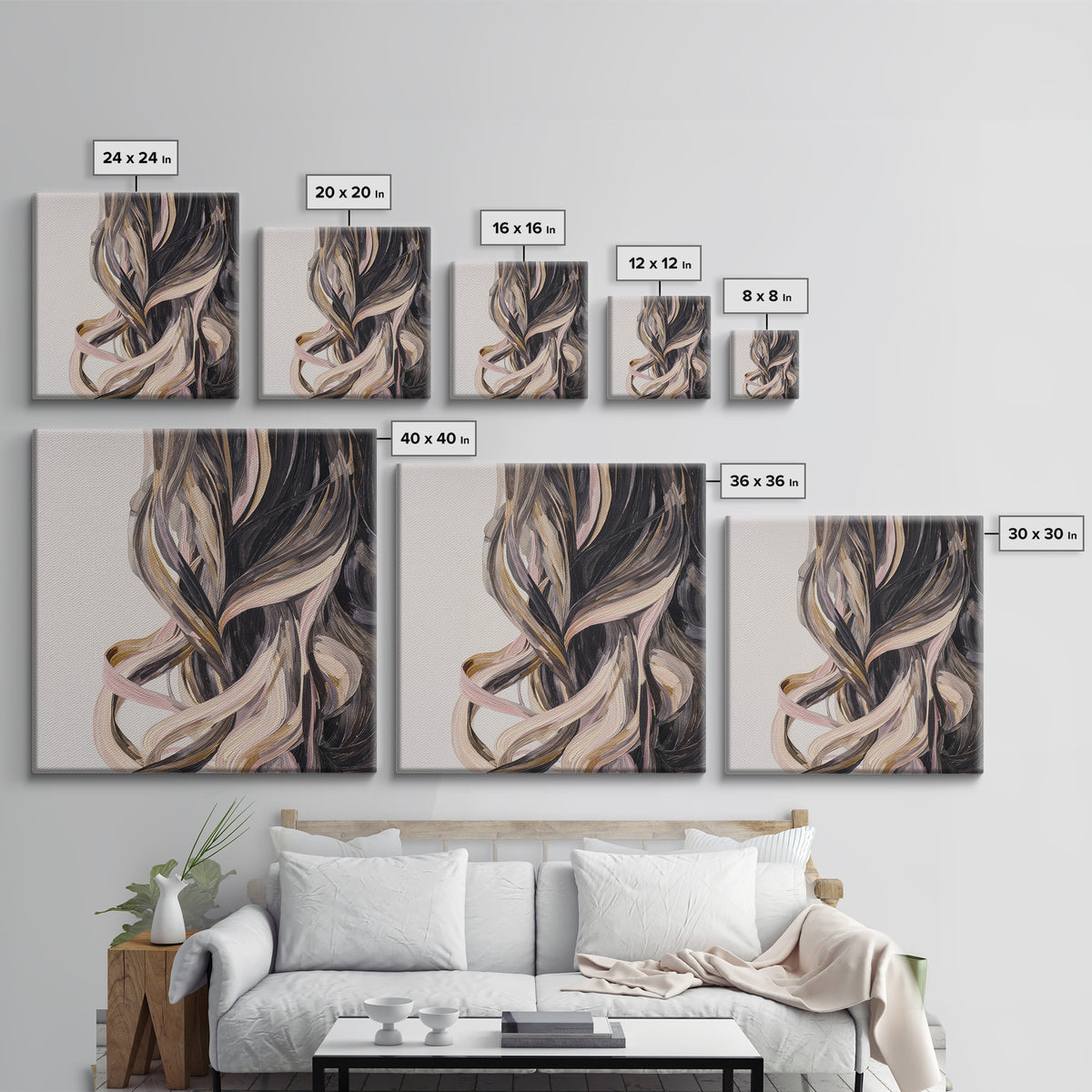 Hair Strands Turning into Abstract Ribbons Canvas Print, Hair Salon Art, Gallery Decor, Living Room Decor, Abstract Art, Style, HSA-1x1-45