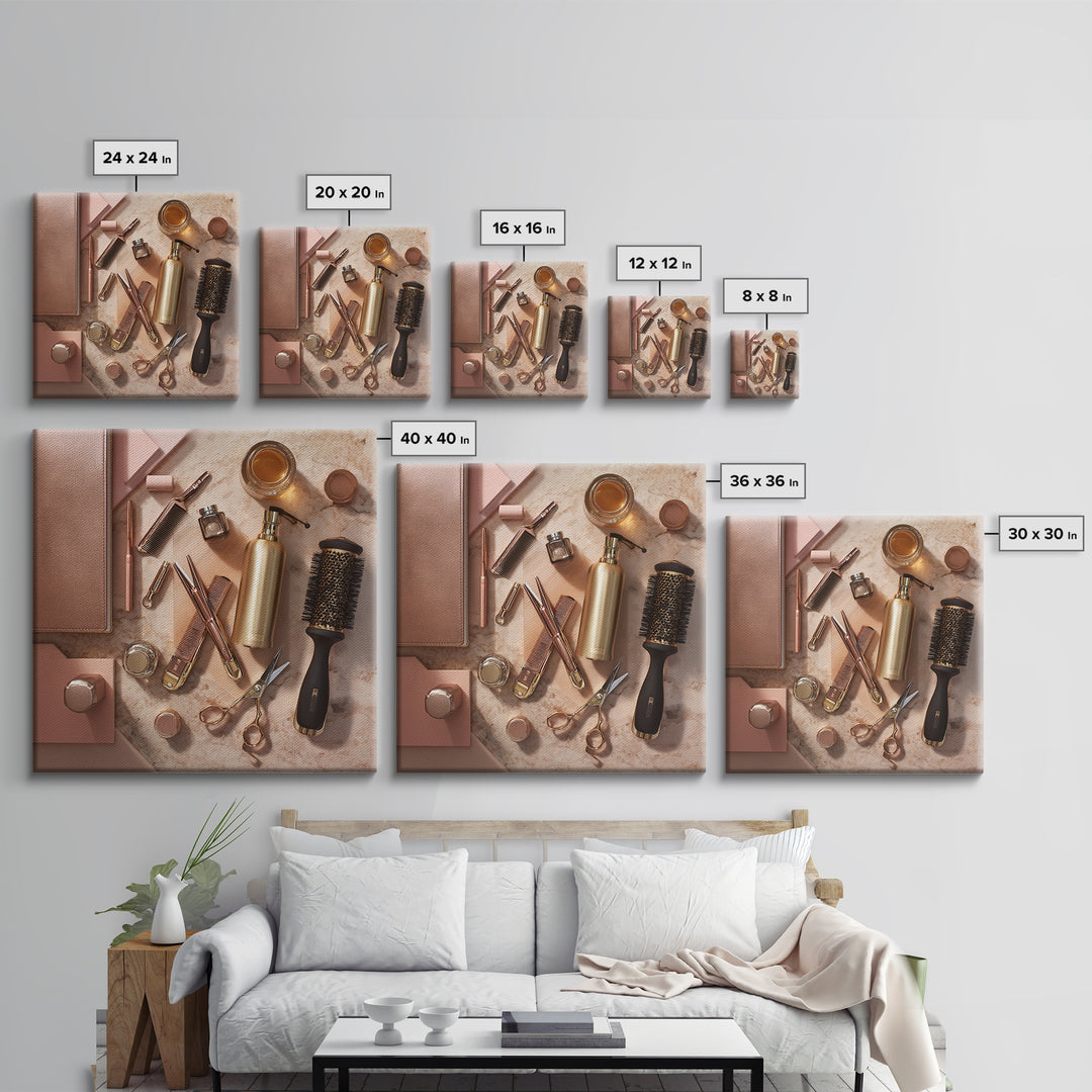 Rose Gold Salon Tool Still Life Framed Canvas Print, Hair Salon Art, Hairdresser Gift, Living Room Decor, Fine Art, Style, HSA-1x1-62