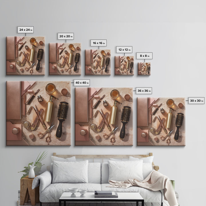 Rose Gold Salon Tool Still Life Framed Canvas Print, Hair Salon Art, Hairdresser Gift, Living Room Decor, Fine Art, Style, HSA-1x1-62