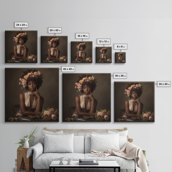 Afro Hair Portrait Framed Canvas Print, Hair Salon Art, Black Woman Wall Art, Living Room Decor, Oil Painting, Style, HSA-1x1-68