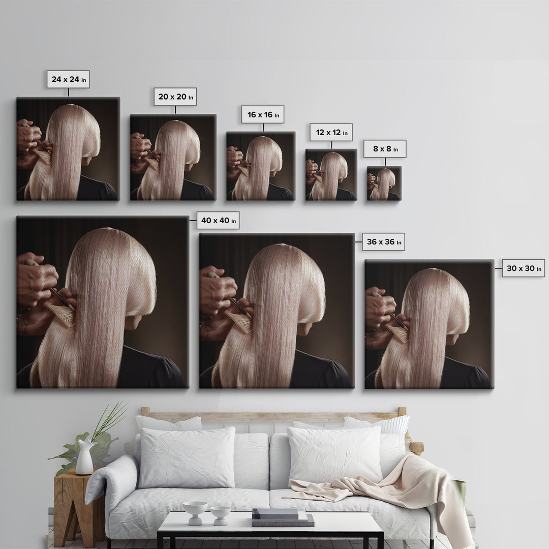 Elegant Hands Styling Hair Framed Canvas Print, Hair Salon Art, Afrocentric Art, Living Room Decor, Style, Statement Artwork, HSA-1x1-70
