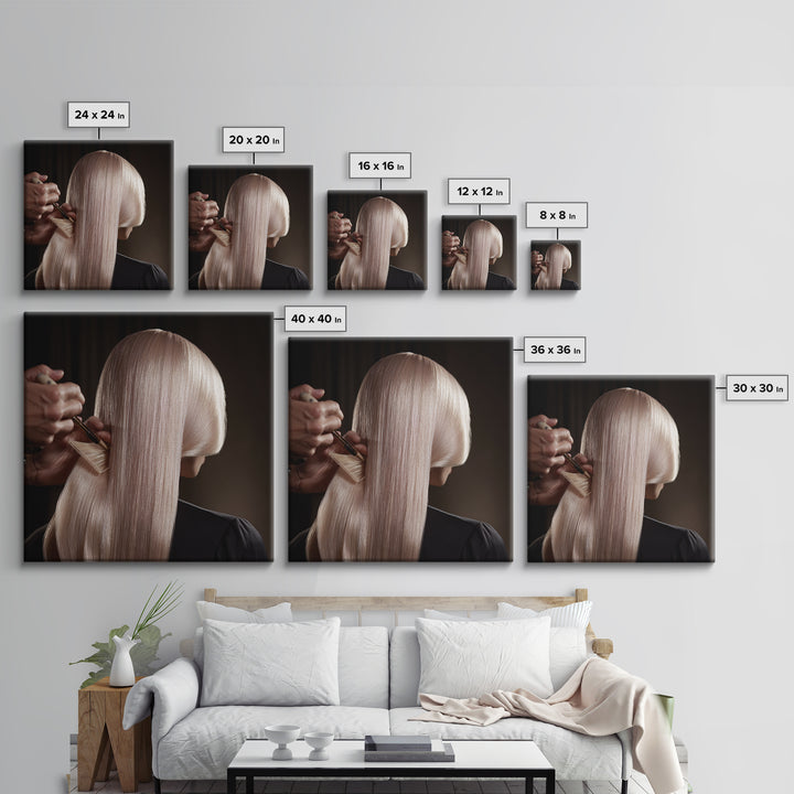 Elegant Hands Styling Hair Framed Canvas Print, Hair Salon Art, Afrocentric Art, Living Room Decor, Style, Statement Artwork, HSA-1x1-70