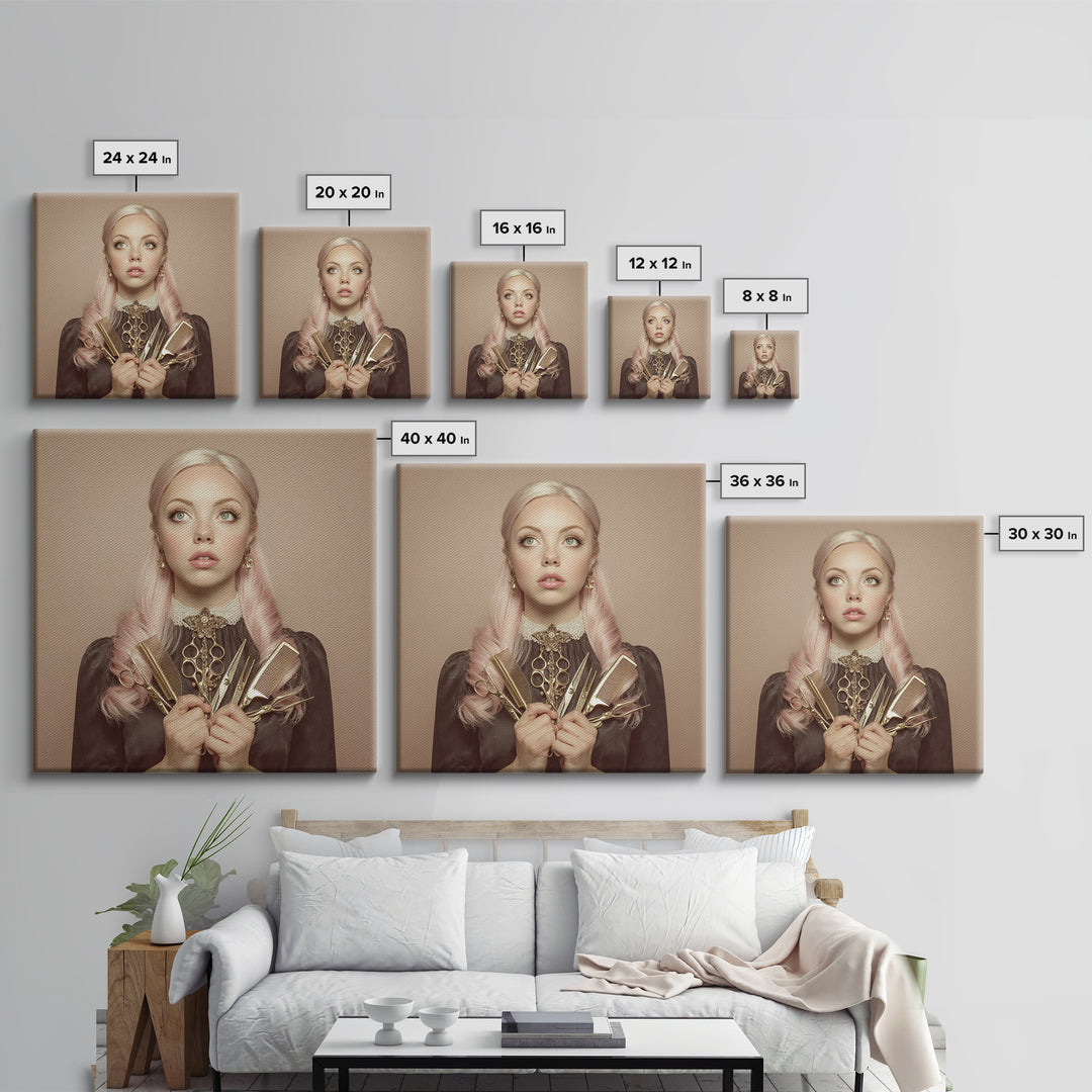 Glamour Face Portrait Framed Canvas Print, Hair Salon Art, Metal Wall Art, Living Room Decor, Style, Black and White Art, HSA-1x1-8