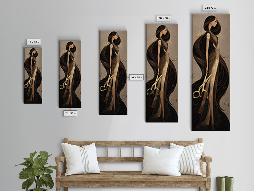 Luxury Black and Gold Beauty Emblem Canvas Print, Hair Salon Art, Statement Artwork, Living Room Decor, Oil Painting, Style, HSA-1x3-12