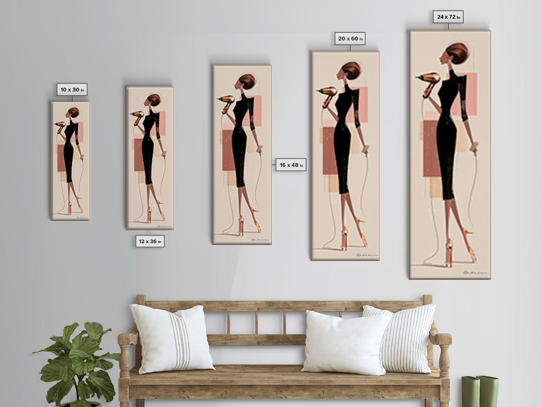 Hairdryer and Brush Framed Canvas Print, Hair Salon Art, Boho Decor, Living Room Decor, Oil Painting, Style, Art Print, HSA-1x3-69