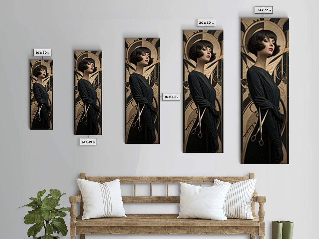 Woman with Dramatic Bob Haircut in Art Canvas Print, Hair Salon Art, African Art, Living Room Decor, Oil Painting, Style, HSA-1x3-88