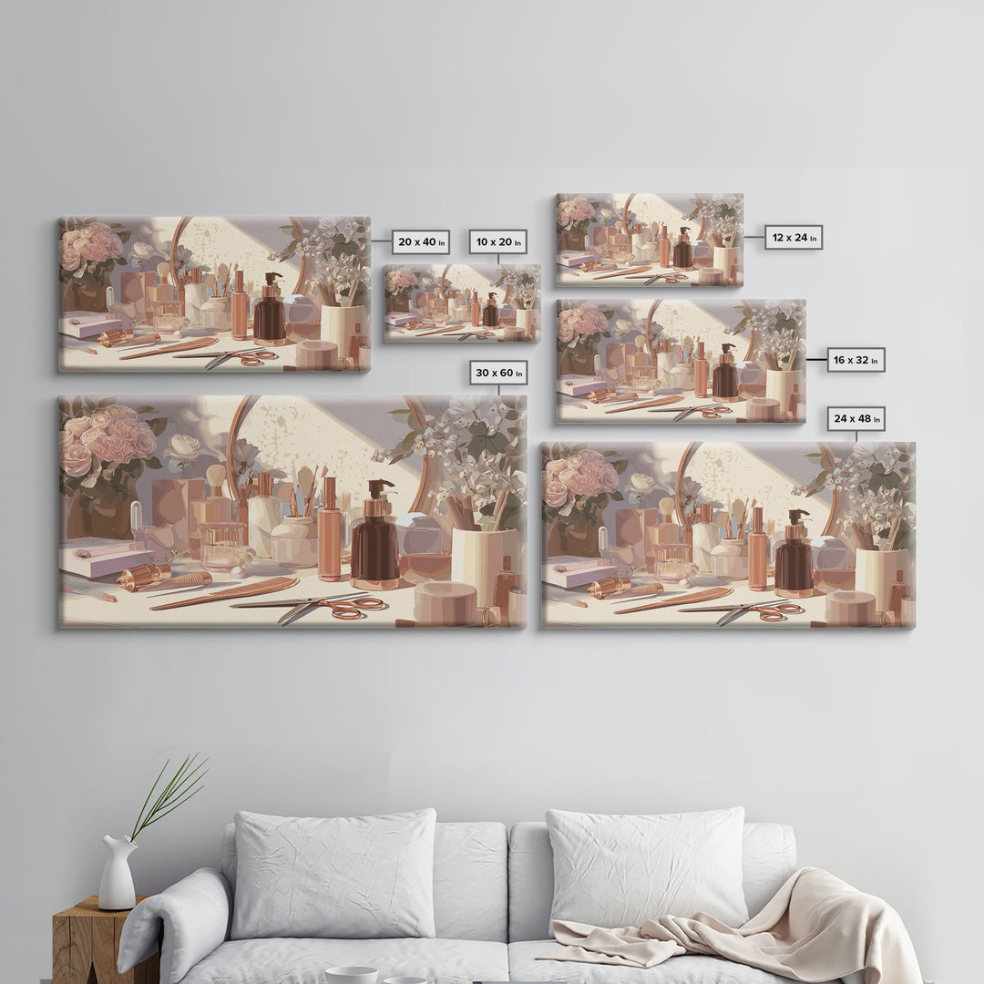 Rose Gold Salon Tool Still Life Framed Canvas Print, Hair Salon Art, Luxury Decor, Living Room Decor, Fine Art, Style, HSA-2x1-10