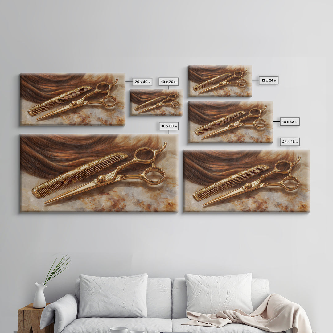 Gold Scissors and Comb Still Life on Canvas Print, Hair Salon Art, Statement Artwork, Living Room Decor, Fine Art, Style, HSA-2x1-22