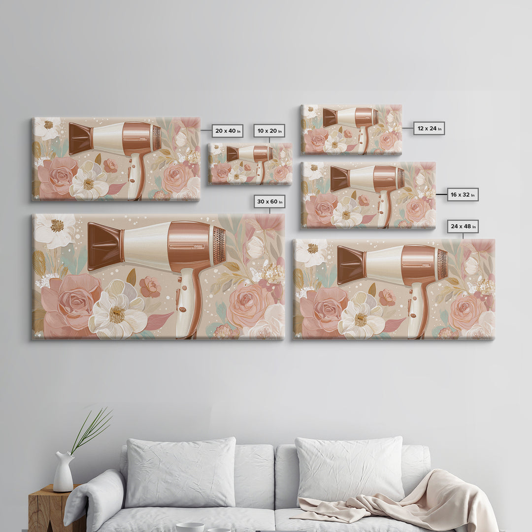 Hairdryer and Brush Framed Canvas Print, Hair Salon Art, Art, Living Room Decor, Watercolor Art, Style, Black Art Prints, HSA-2x1-29