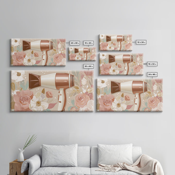 Hairdryer and Brush Framed Canvas Print, Hair Salon Art, Art, Living Room Decor, Watercolor Art, Style, Black Art Prints, HSA-2x1-29