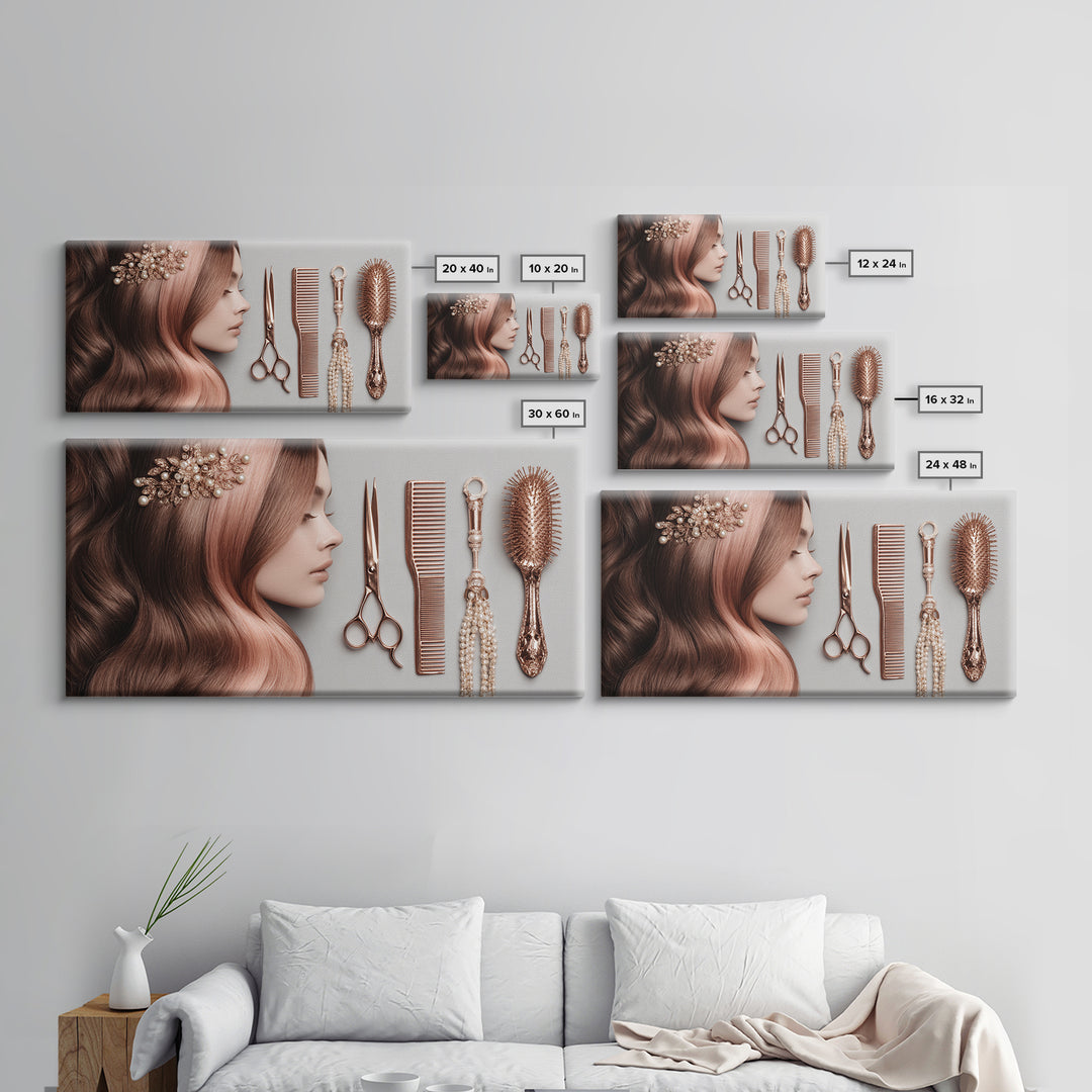 Rose Gold Salon Tool Still Life Framed Canvas Print, Hair Salon Art, Luxury Decor, Living Room Decor, Fine Art, Style, HSA-2x1-34