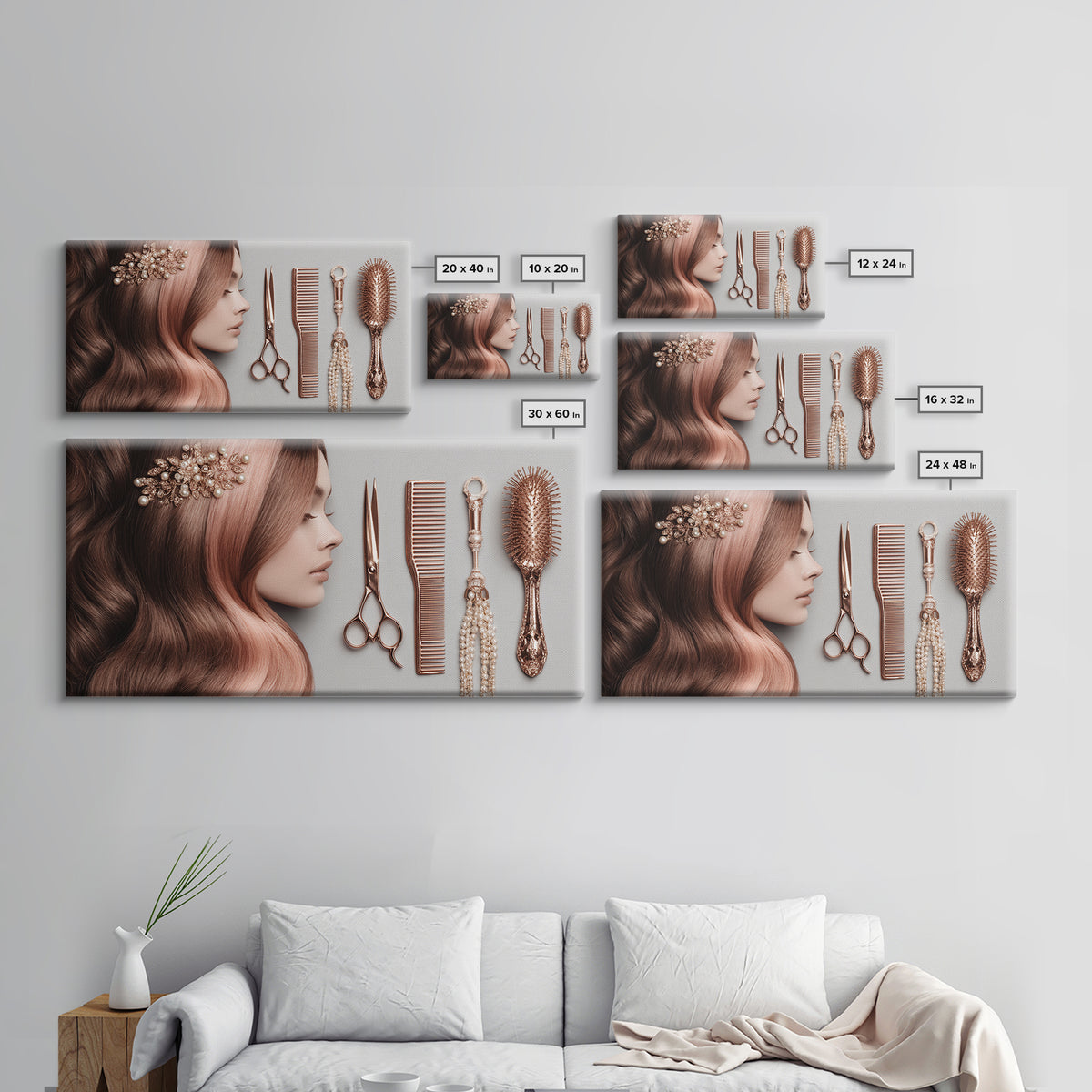 Rose Gold Salon Tool Still Life Framed Canvas Print, Hair Salon Art, Luxury Decor, Living Room Decor, Fine Art, Style, HSA-2x1-34