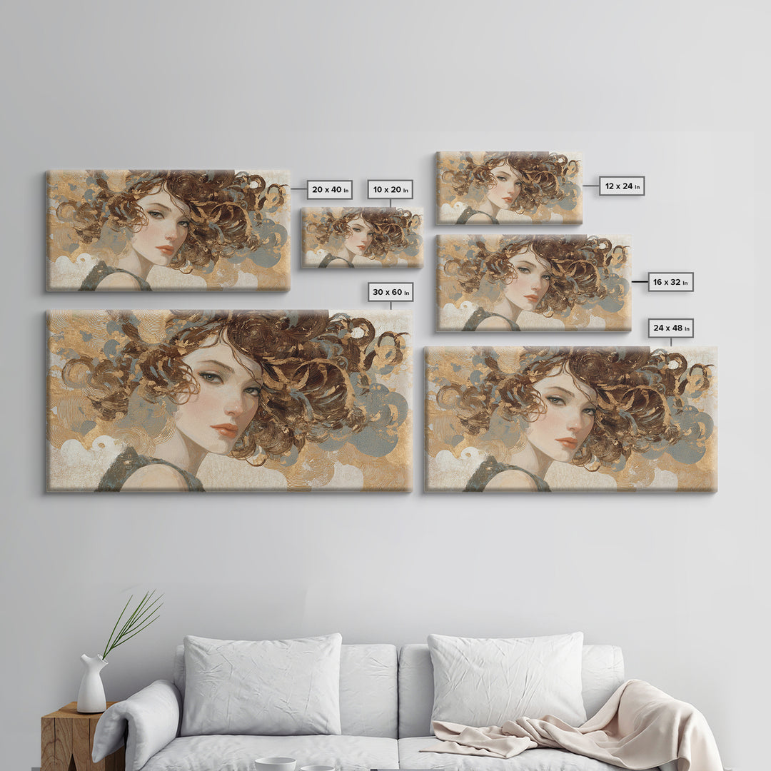 Curly Hair Portrait Framed Canvas Print, Hair Salon Art, Living Room Decor, Oil Painting, Style, Printable Art, HSA-2x1-35