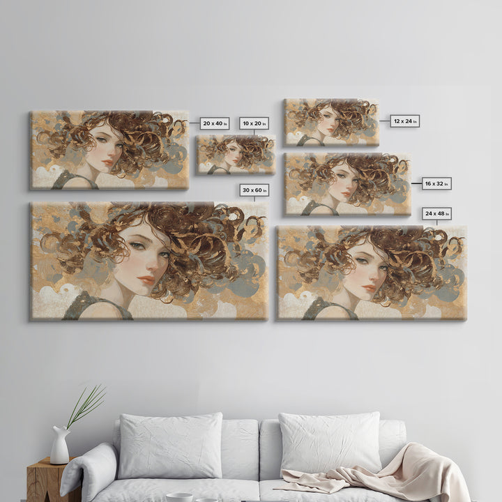 Curly Hair Portrait Framed Canvas Print, Hair Salon Art, Living Room Decor, Oil Painting, Style, Printable Art, HSA-2x1-35