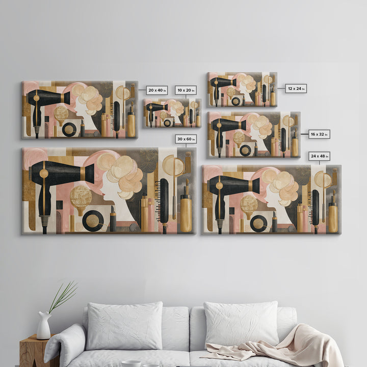 Hairdryer and Brush Framed Canvas Print, Hair Salon Art, Art, Living Room Decor, Watercolor Art, Style, Black Art Prints, HSA-2x1-5