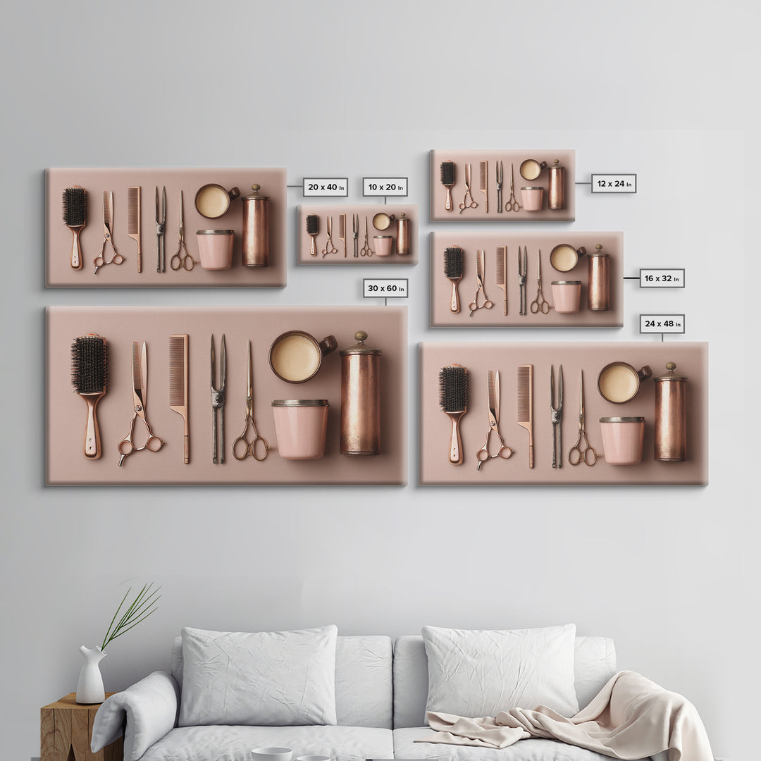 Rose Gold Salon Tool Still Life Canvas Print, Hair Salon Art, Wall Art, Living Room Decor, Fine Art, Style, Minimalist Wall Art, HSA-2x1-58