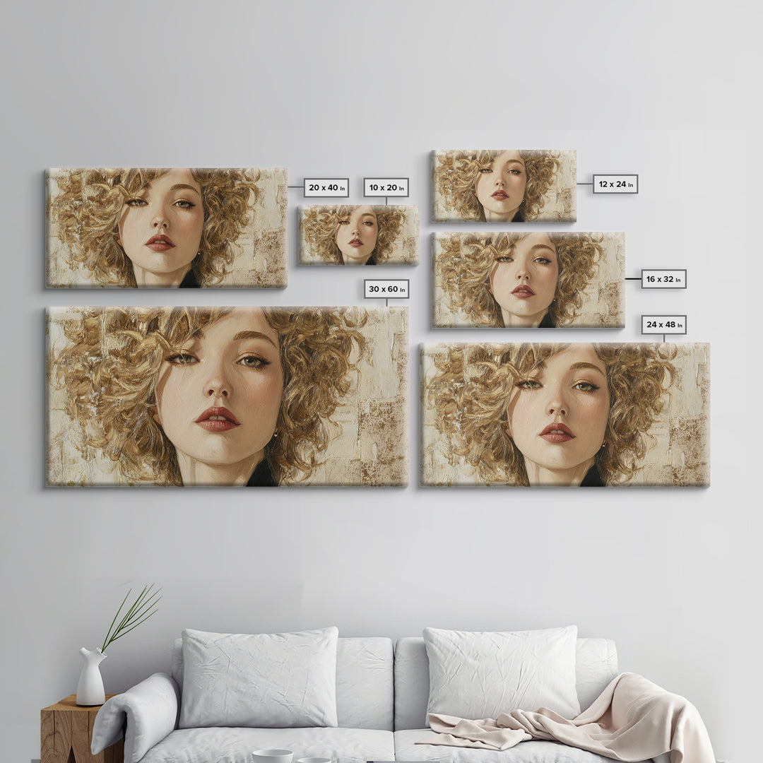 Curly Hair Portrait Framed Canvas Print, Hair Salon Art, Black and White Art, Living Room Decor, Fine Art, Style, Neutral Decor, HSA-2x1-59