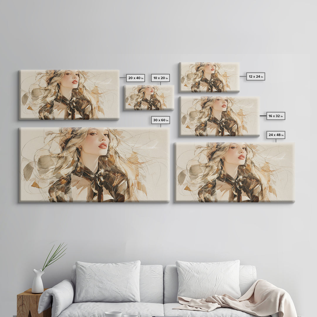 Fashion Portrait with Flowing Glossy Hair Canvas Print, Hair Salon Art, Modern Art, Living Room Decor, Fine Art, Style, HSA-2x1-69